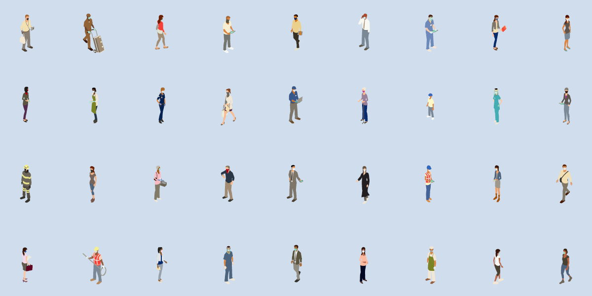 Image showing several rows of color icons depicting men and women of varying professions, all wearing masks (iStock/mathisworks)