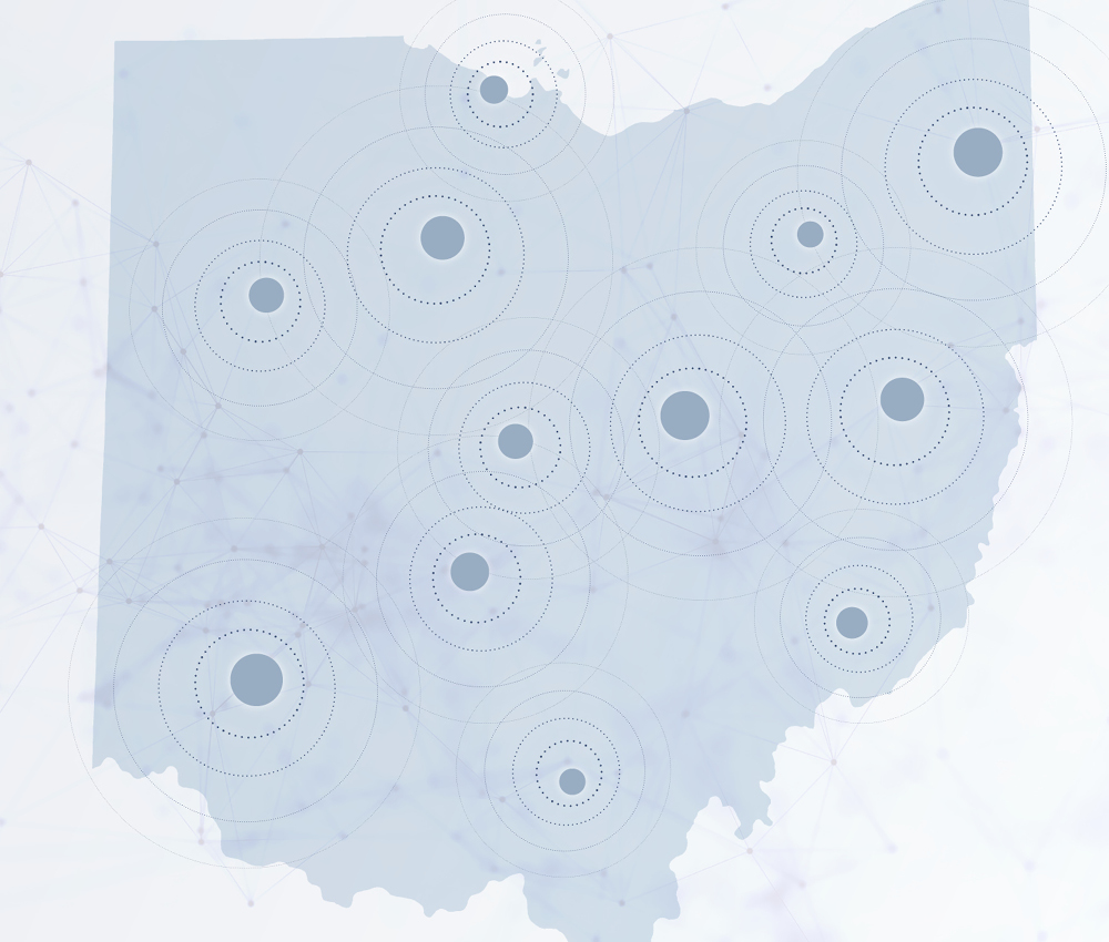 Image of the state of Ohio with random solid circles with ripple-effect circular outlines