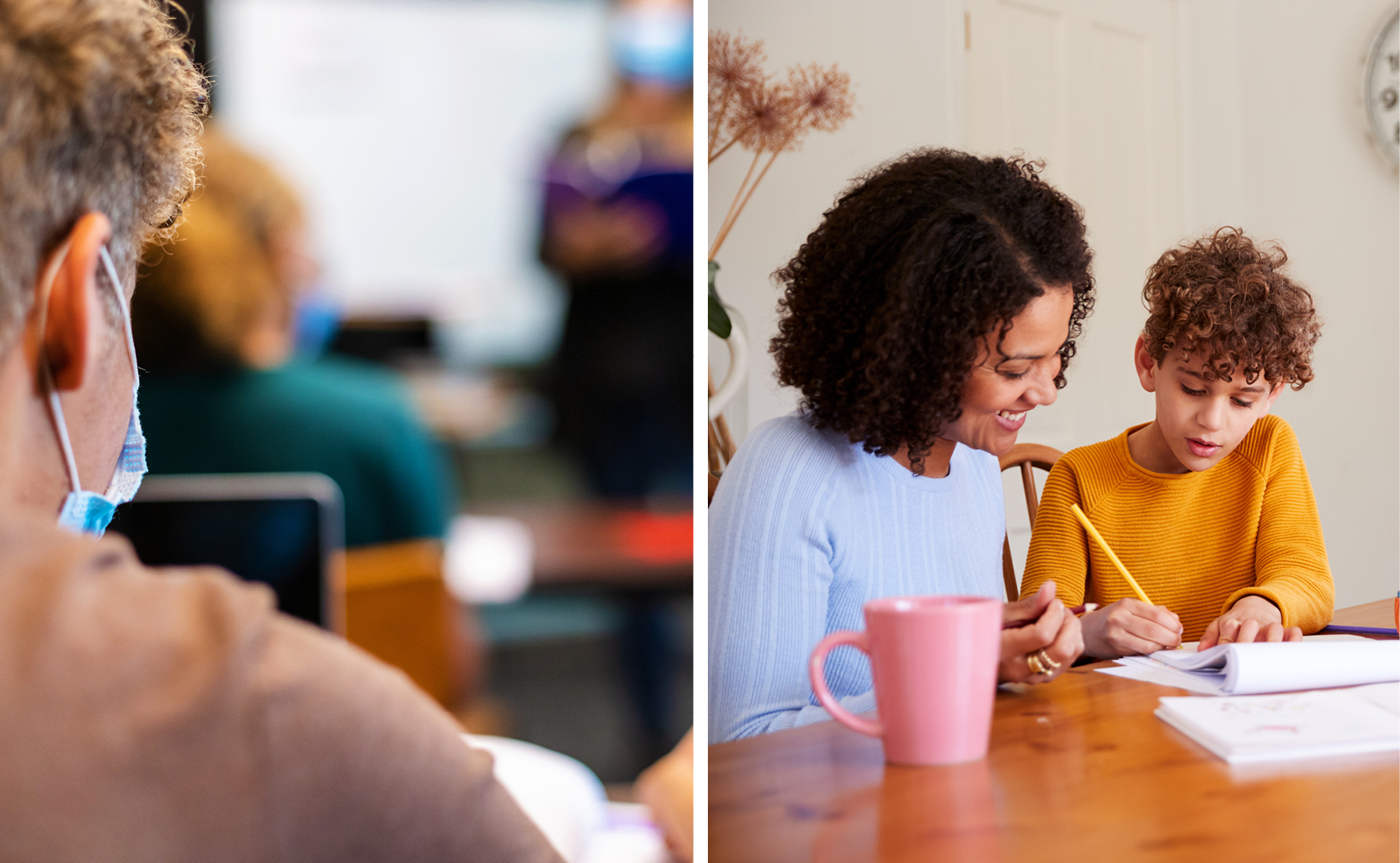 Image of a man wearing a protective face mask on the left and a woman working with a child on homework