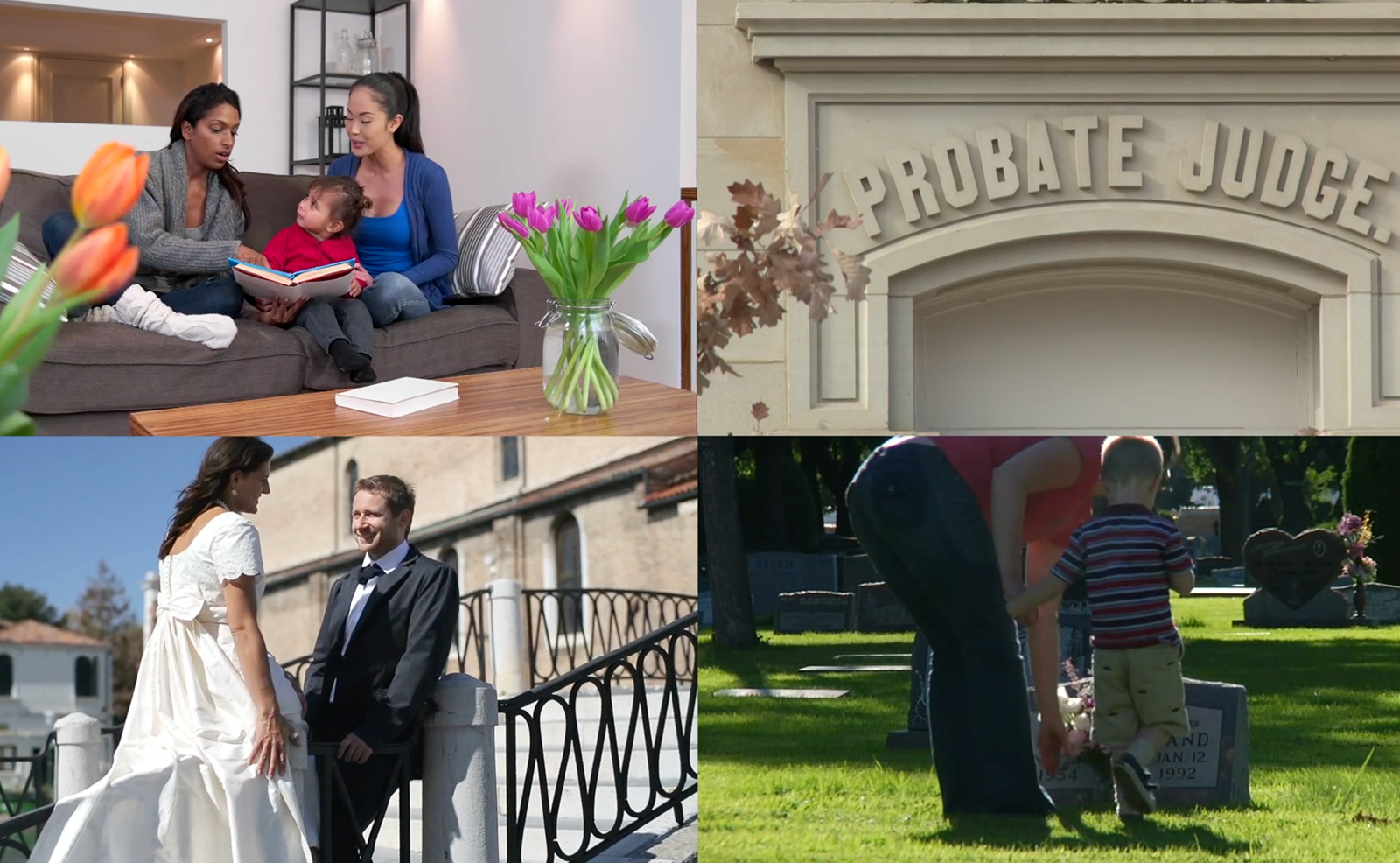 Image of two women sitting on a couch reading a book with a small child, a marble inscription that says 'Probate Judge', a bride and groom leaning against a railing, and a woman and young child visiting a grave