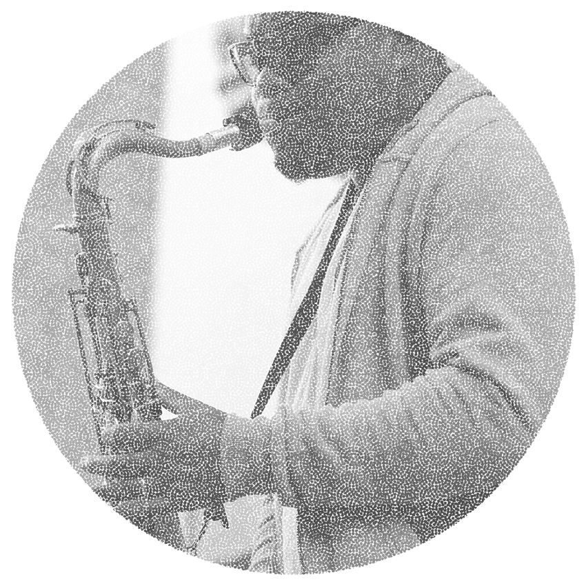 Grainy image of a man playing a saxaphone