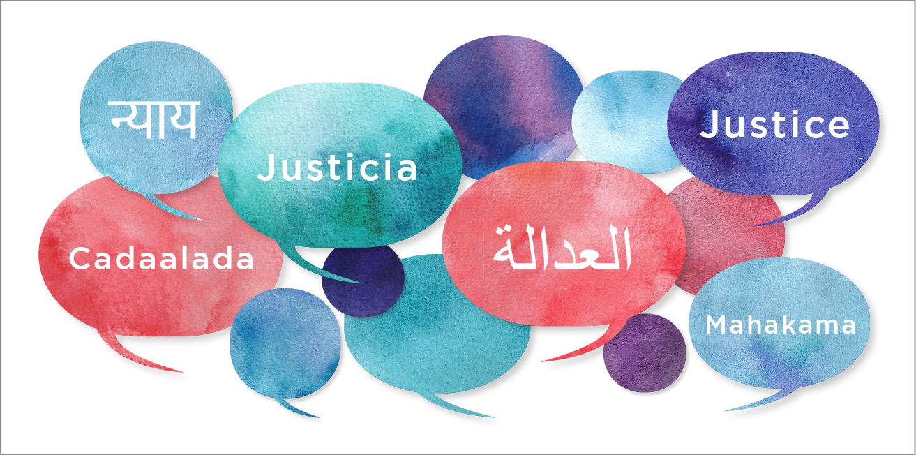 Image containing colorful speech balloons containing the word 'justice' in several different languages
