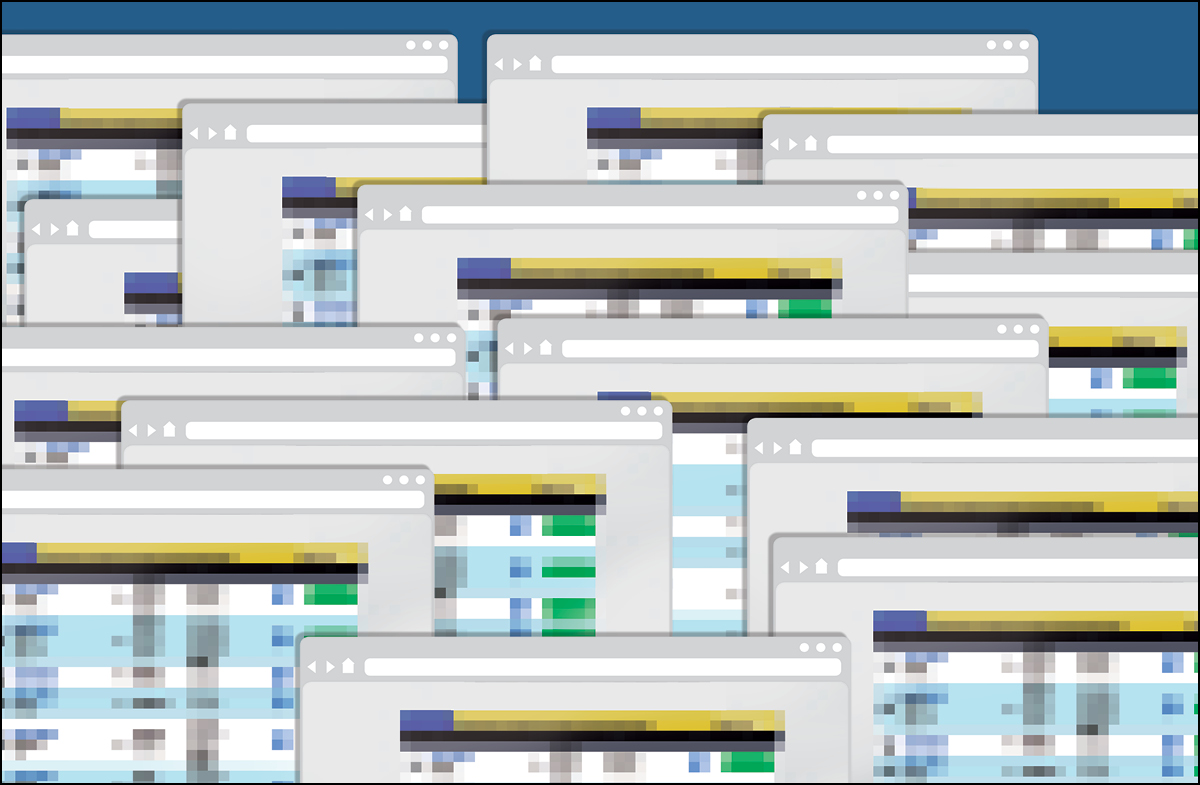 Image of an illustration showing many colorful, blurred computer screend overlapping each other