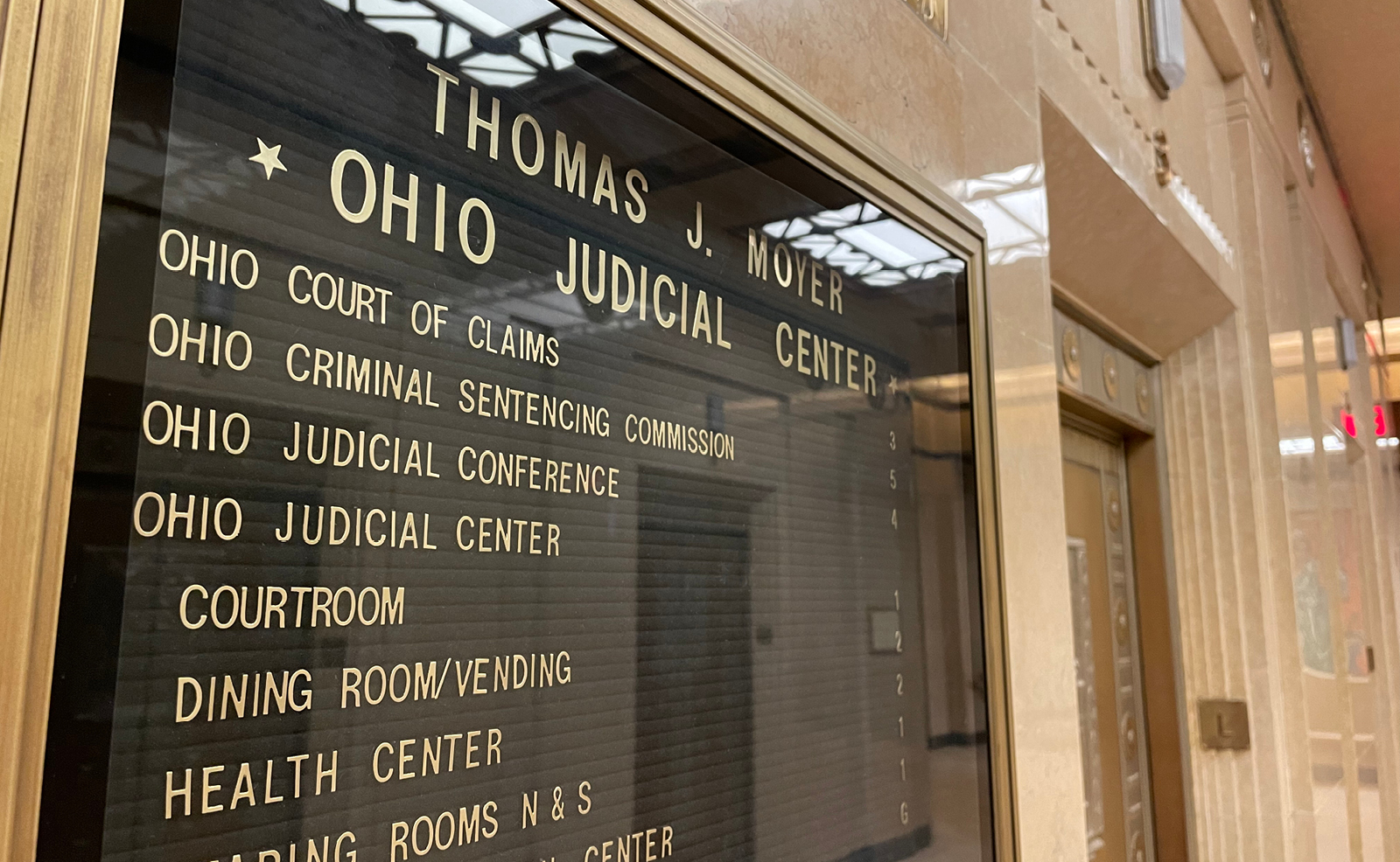 Image of the building directory in the elevator lobby of the Thomas J. Moyer Ohio Judicial Center