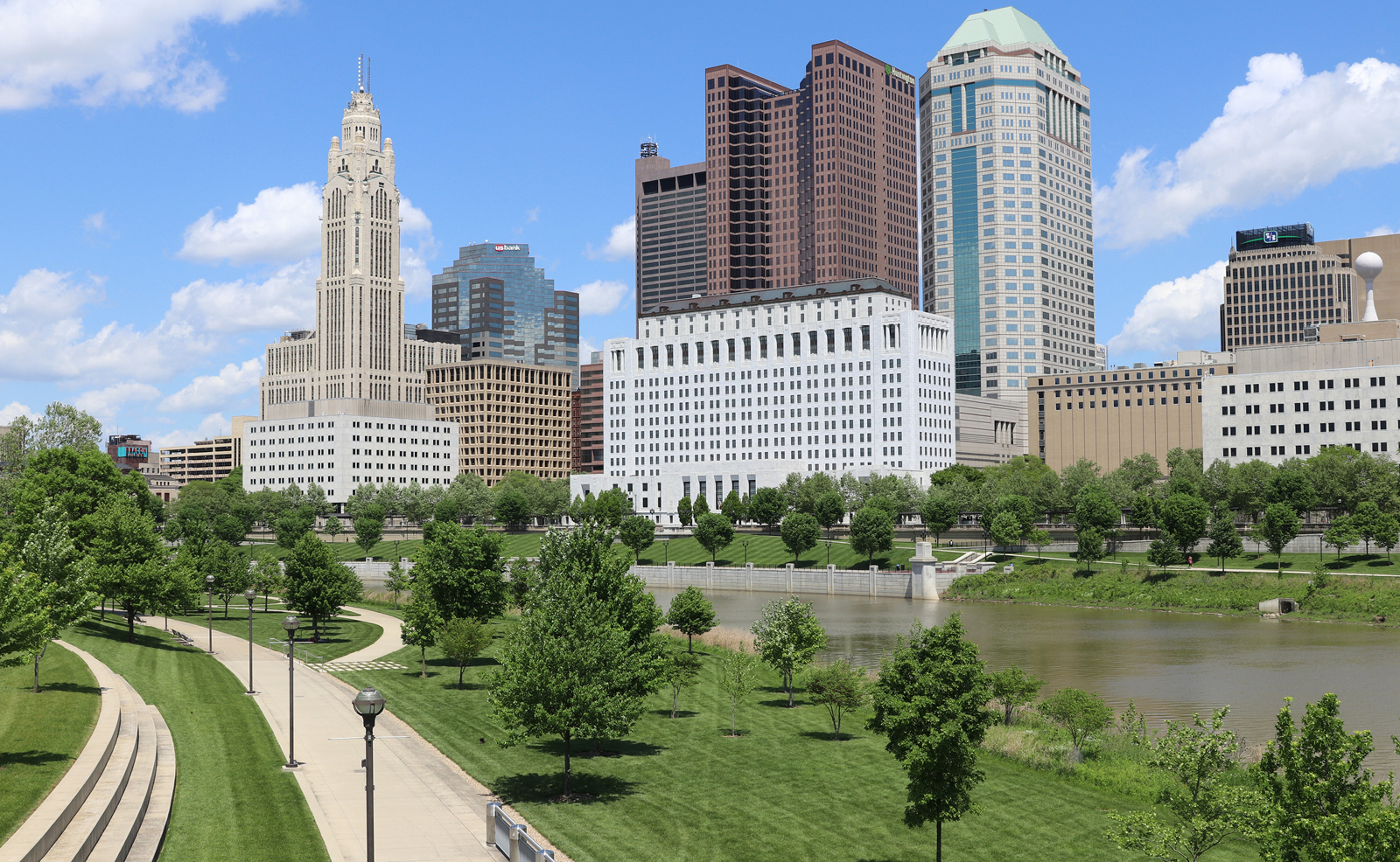 Image of the exterior of the Thomas J. Moyer Ohio Judicial Center as seen from the steps of COSI along the Scioto Mile