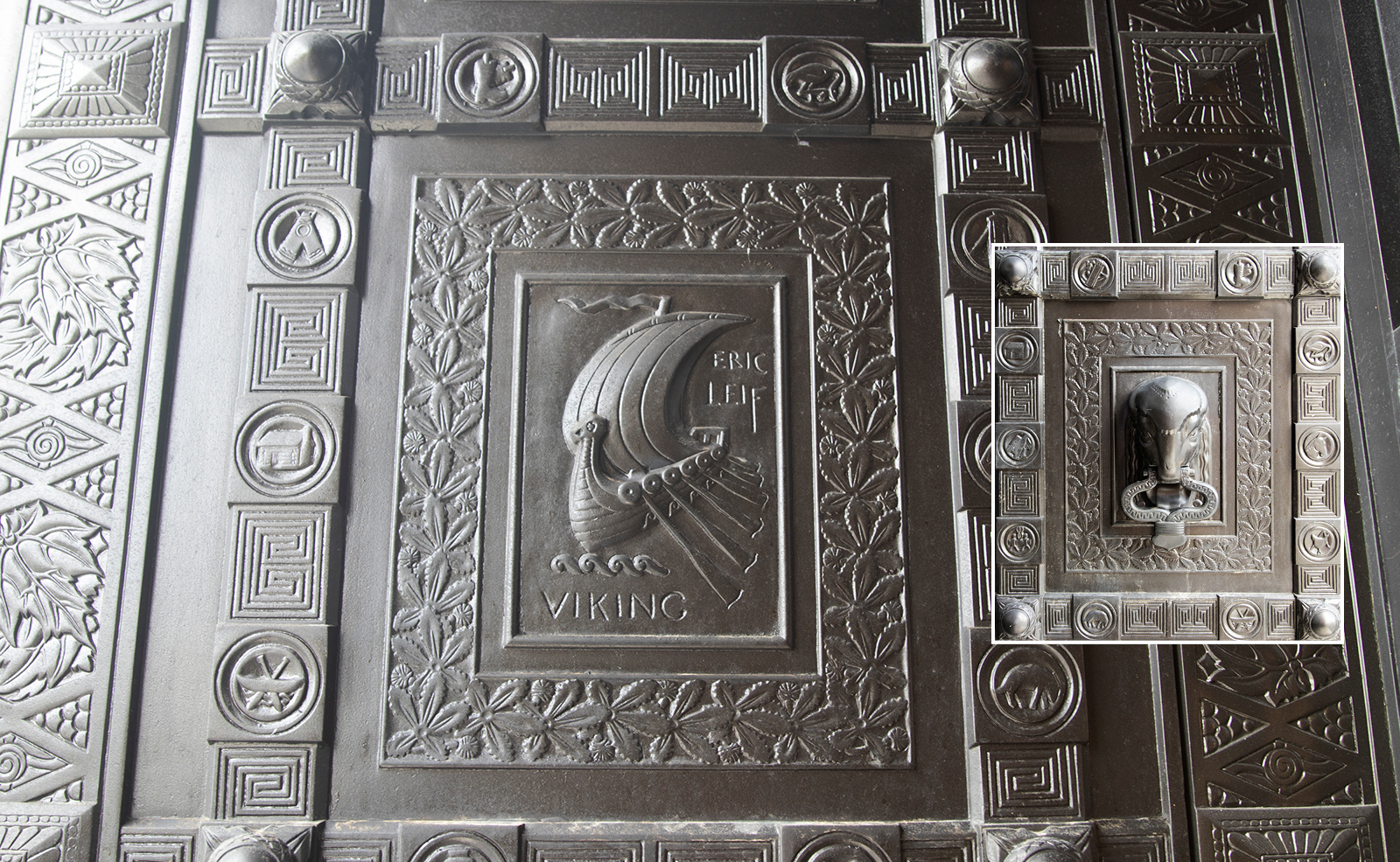 Image of an ornate, bronze door featuring a carving of a Viking ship and the name 'Eric Leif', and an image of a buffalo head door handle