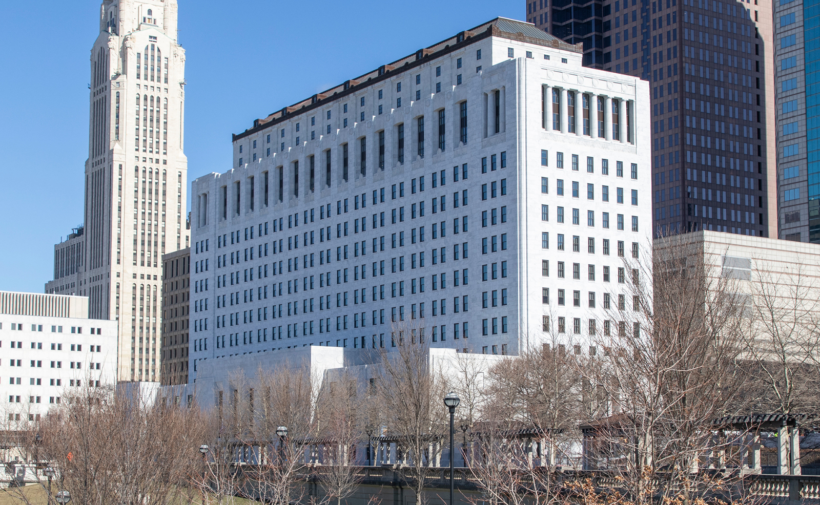 A closer image of the exterior of the Thomas J. Moyer Ohio Judicial Center as seen from the east side of the Scioto River