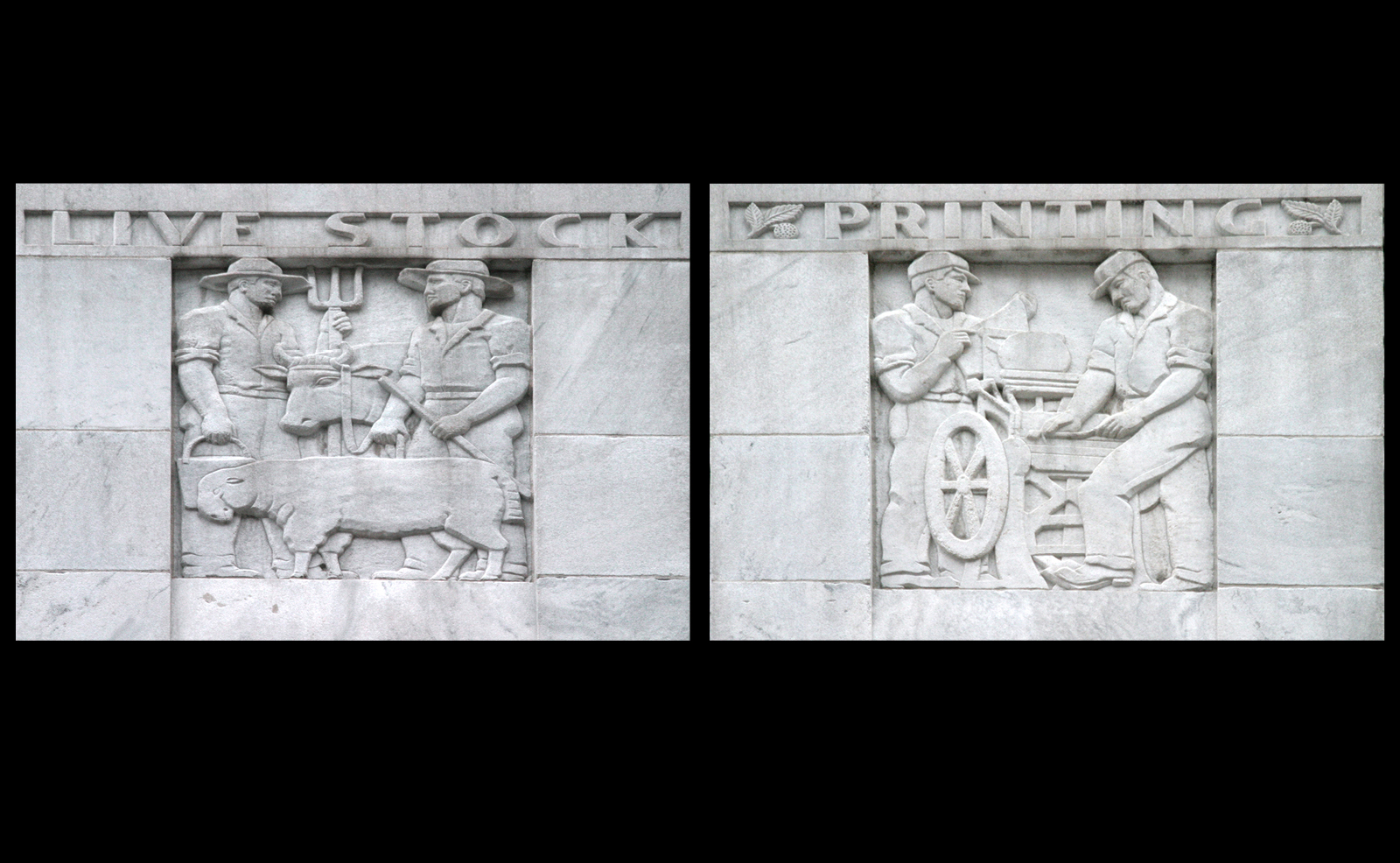 Image of two carvings: the first is of two men wearing wide-brimmed hats - one carrying a pitchfork and bucket - another holding a cow on a lede. In front of them stands a sheep. Above are the words 'Live Stock'; the second is of two men wearing caps working at a printing press. Above is the word 'Printing'