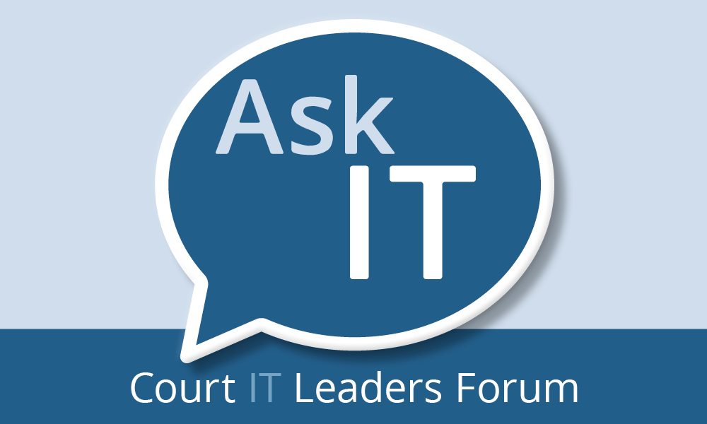 Image of a large blue and white speech bubble with the words 'Ask IT' in it and 'Court IT Leaders Forum' below it