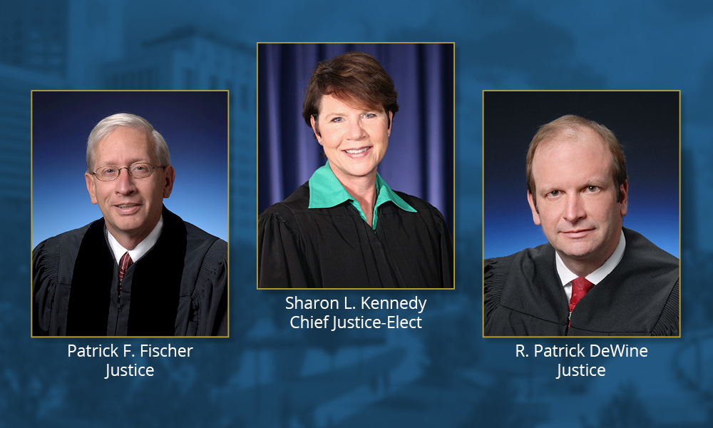 Image of Ohio Supreme Court Justice Patrick F. Fischer, Chief Justice-Elect Sharon L. Kennedy, and Justice R. Patrick DeWine