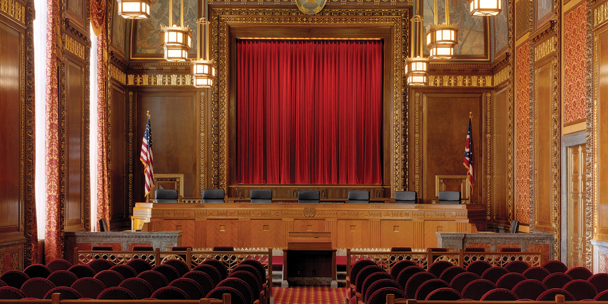 Image of the inside of the courtroom of the Thomas J. Moyer Ohio Judicial Center