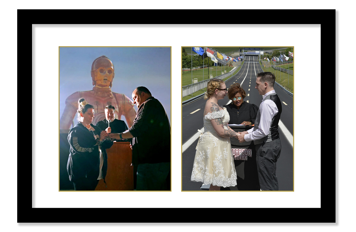 On the left is an image of a woman placing a ring on the finger of a man. Both are standing in front of another man at a podium holding a microphone. A scene from the movie Star Wars is the backdrop. On the right is an image of a woman wearing a lacy, ivory-colored gown holding hands with a man wearing a grey suit. Both are standing in front of a woman wearing a black judicial robe standing behind a podium. A racetrack is the backdrop.