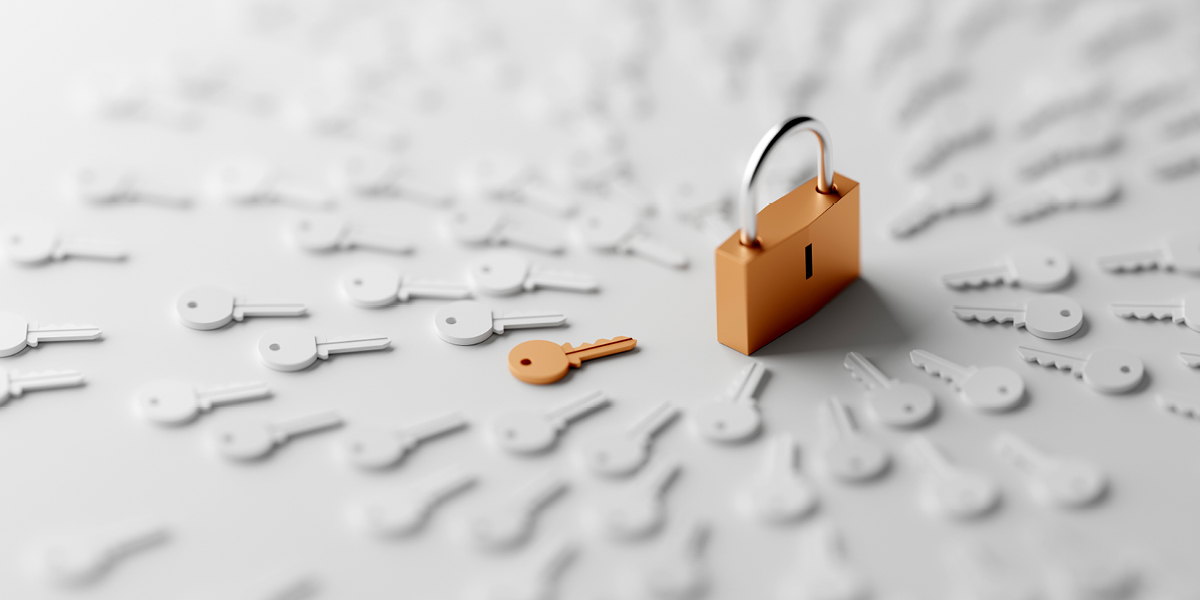 Image of a gold padlock surrounded by many white keys radiating around it. A single gold key sits among the white keys.