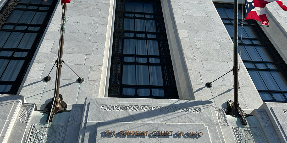 Image of the outside of the courtroom of the Thomas J. Moyer Ohio Judicial Center