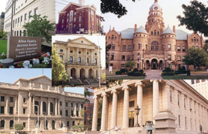 Courthouses across Ohio are welcoming new judges this month, including (clockwise from top left): Allen County Court of Common Pleas, Pike County Court, Lorain County Common Pleas Court, Trumbull County Court, Montgomery County Common Pleas Court, Eighth District Court of Appeals (Cuyahoga County courthouse).