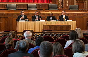 Image of the panel of Ohio legal professionals Alan Michaels, Timothy Young, David Singleton, and Hon. Nick Selvaggio